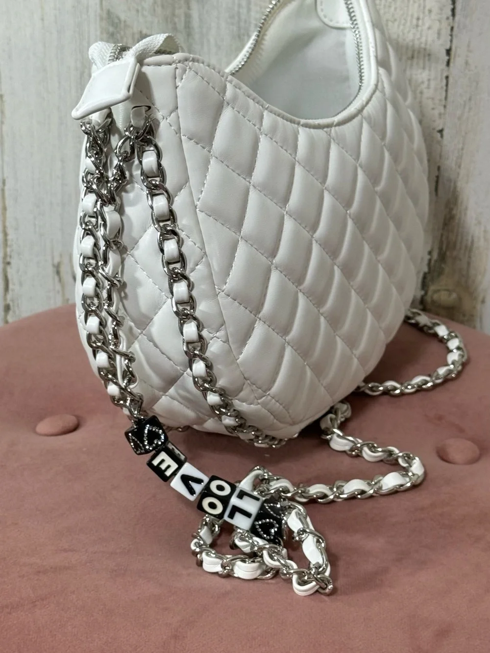White Quilted Crossbody Bag with Chain Strap and Beaded 'LOVE' Accent